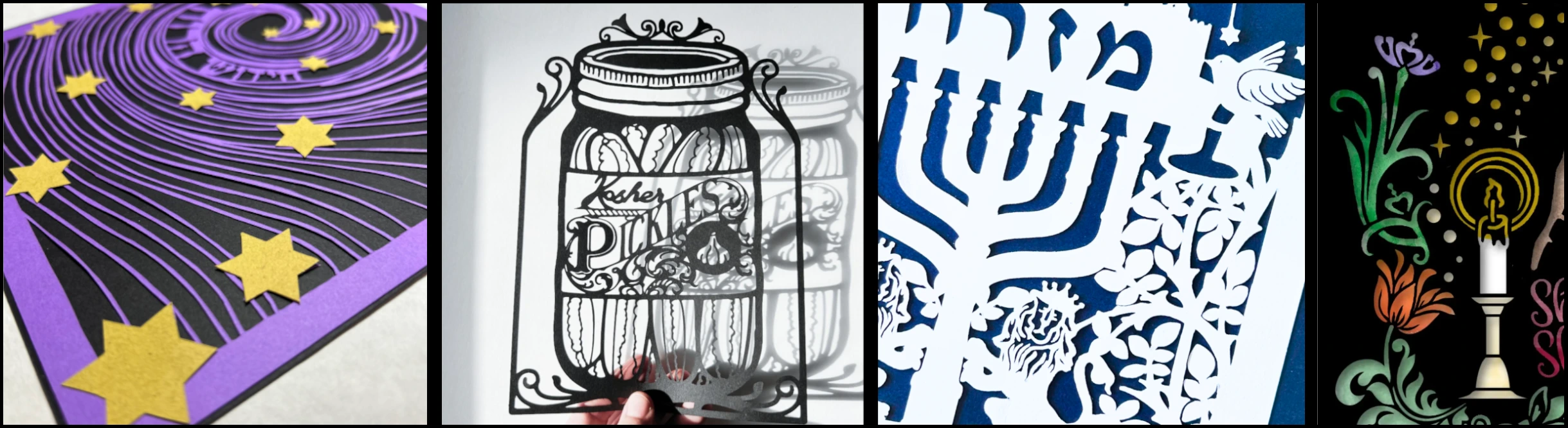 recent works: starry night, pickle jar, mizrah, and shabbat shalom