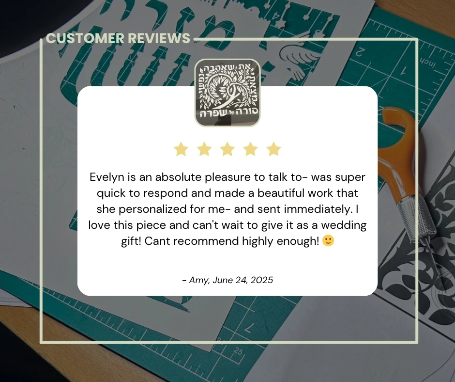 5-stars: Evelyn is an absolute pleasure to talk to- was super quick to respond and made a beautiful work that she personalized for me- and sent immediately. I love this piece and can't wait to give it as a wedding gift! Cant recommend highly enough! 🙂 - Amy, June 24, 2025